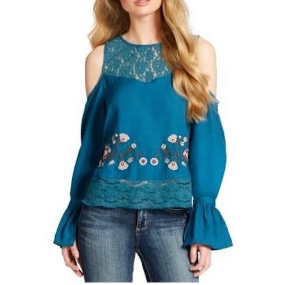 Jessica Simpson Tops - Jessica Simpson Blue Bell Sleeve Embellished Blouse